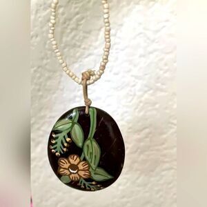 Vintage AERO Necklace Daisy Wood Shell Choker Boho Natural 1990s Jewelry